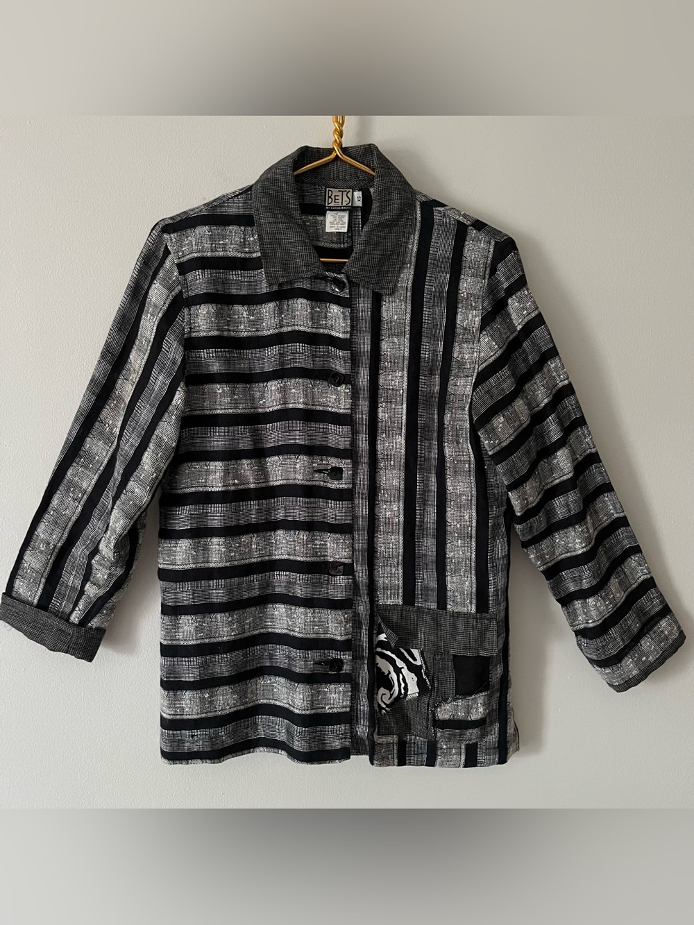 BETS by Canvasbacks Vintage Black White 100% Linen Mixed Media Lagenlook Top XS